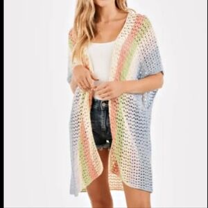 BOUTIQUE NWT Multicolor Crochet Open Front Cardigan - Blue